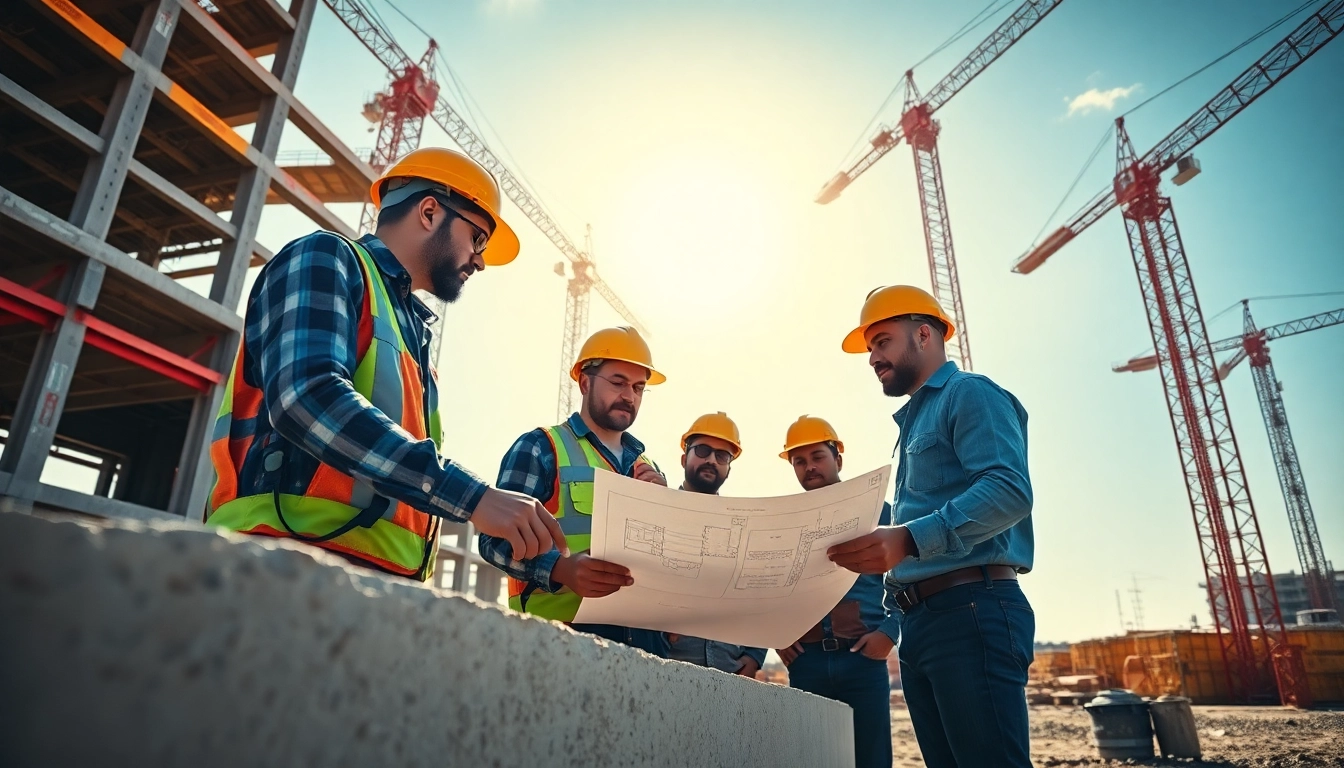 Construction workers collaborating on a busy site with cranes and blueprints.