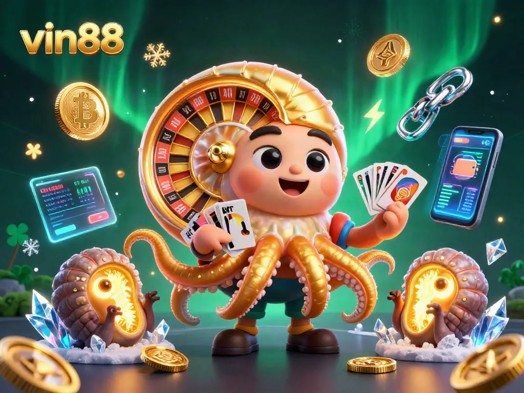 Experience vivid gaming action with vin88's dynamic casino scene featuring a giant nautilus and glowing crypto coins.