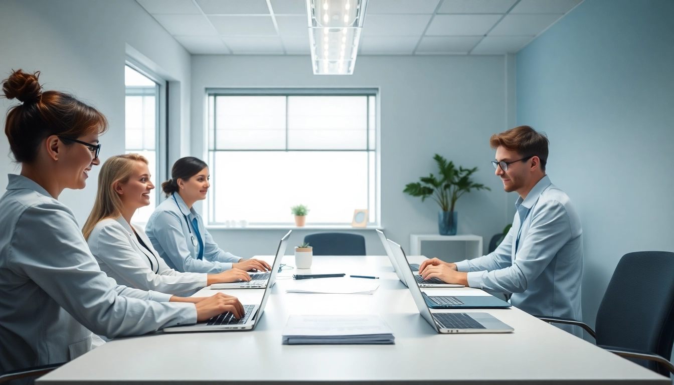 Team an einem Tisch, das einen Pflegedienst gründen plant, zeigt Zusammenarbeit und Engagement.