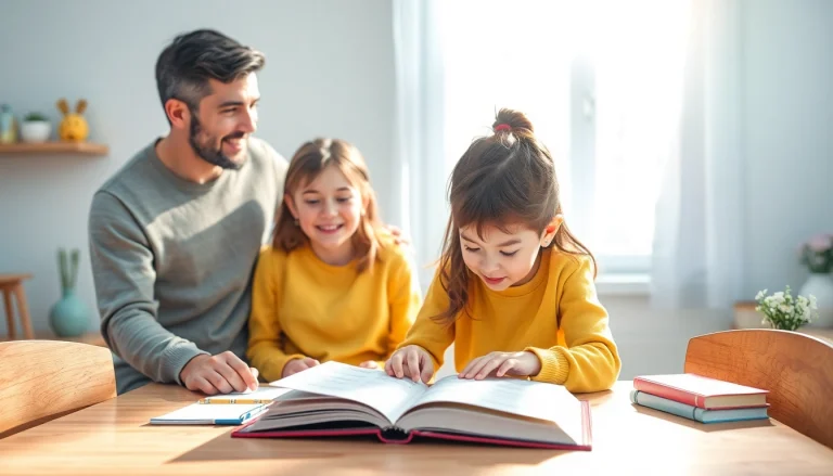 Kindererziehung in Aktion: Eine Familie unterstützt ihr Kind beim Lernen am Tisch, umgeben von Schulmaterial.