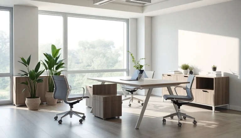 Moderne Büromöbel in einem lichtdurchfluteten Büro mit ergonomischem Design.