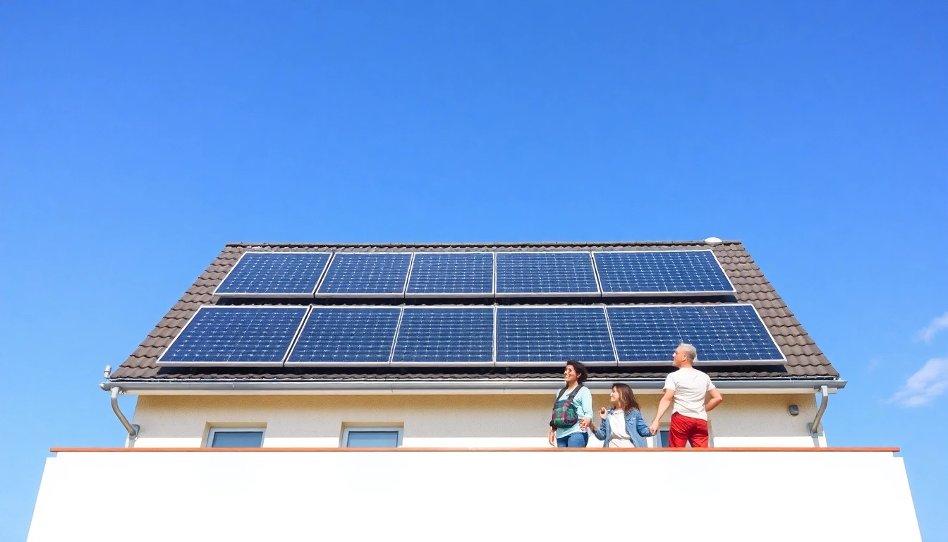 Familie betrachtet stolz ihre Solaranlage auf dem Dach, symbolisiert positive Solaranlage kaufen Erfahrungen.