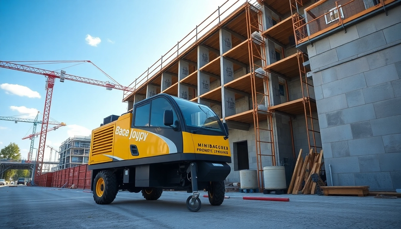Bagger leihen Hannover preis: Moderner Minibagger auf einer Baustelle in Hannover, umgeben von Bauutensilien