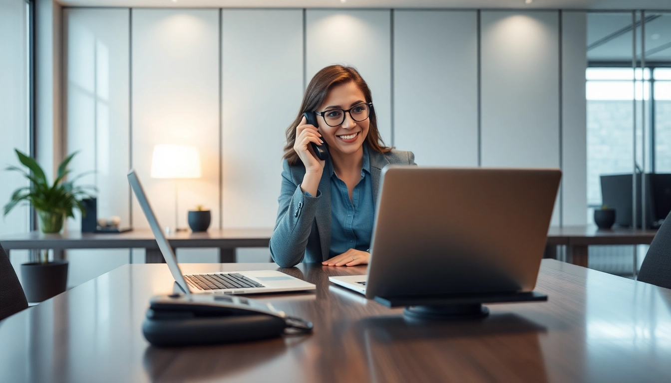 Fachkraft im Headhunter Finance führend eine Telefonkonferenz in einem modernen Büro.