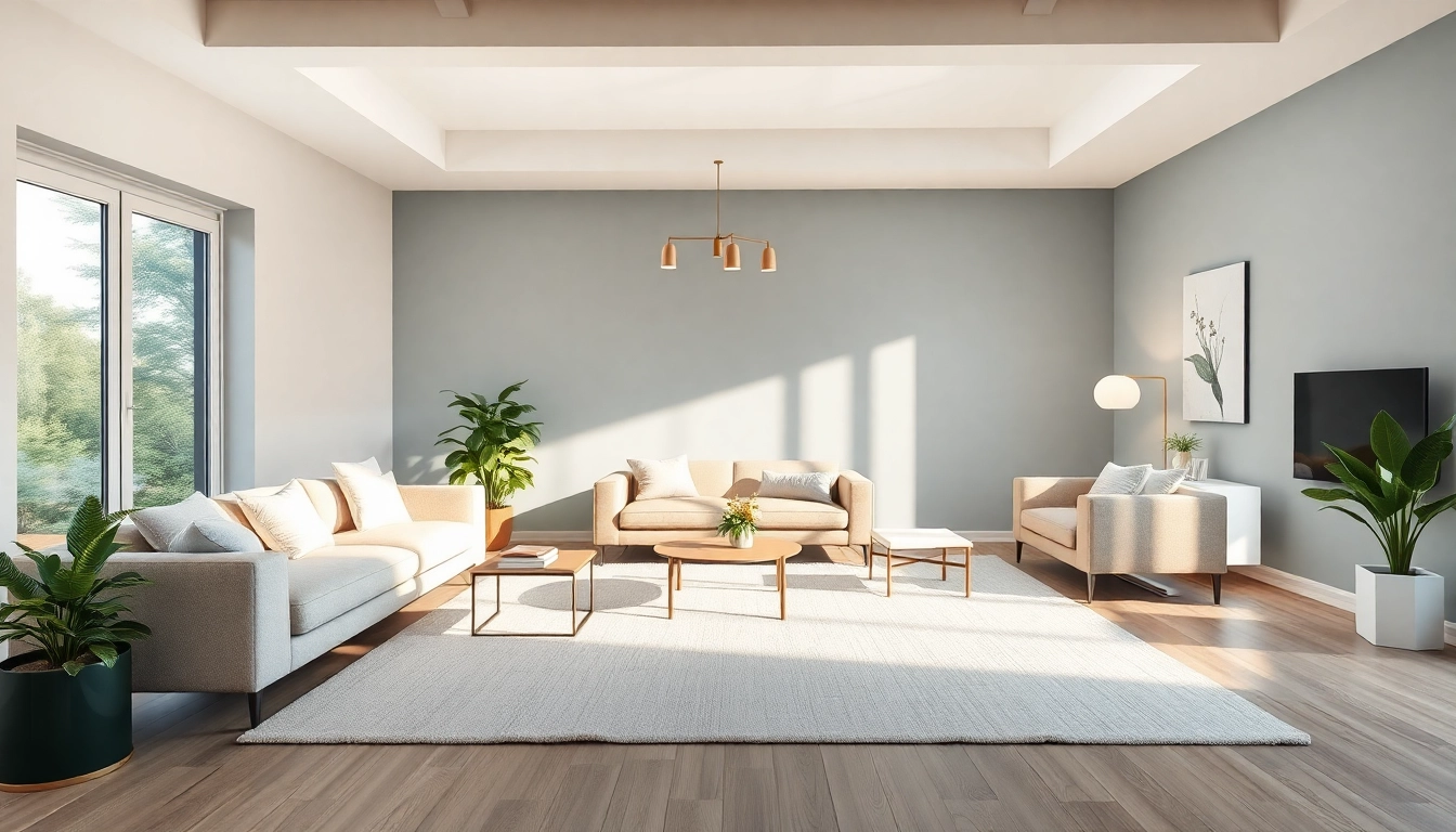 Raumgestaltung eines modernen Wohnzimmers mit großen Fenstern und eleganten Möbeln.