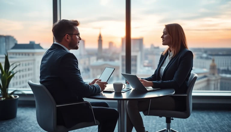 Professioneller Austausch zwischen einem Headhunter Berlin und einem Kandidaten in einem modernen Büro.