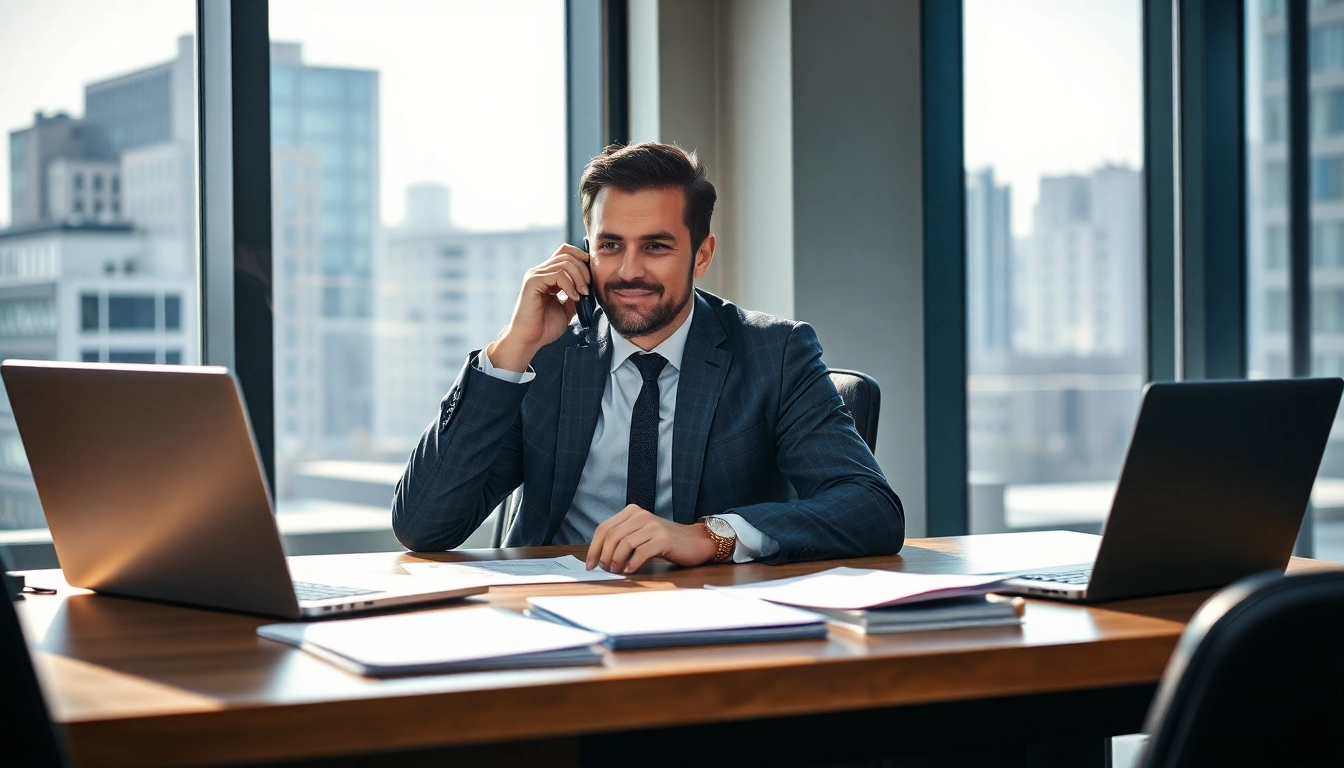 Headhunter Geschäftsführer berät erfolgreich am Schreibtisch in modernem Büro.