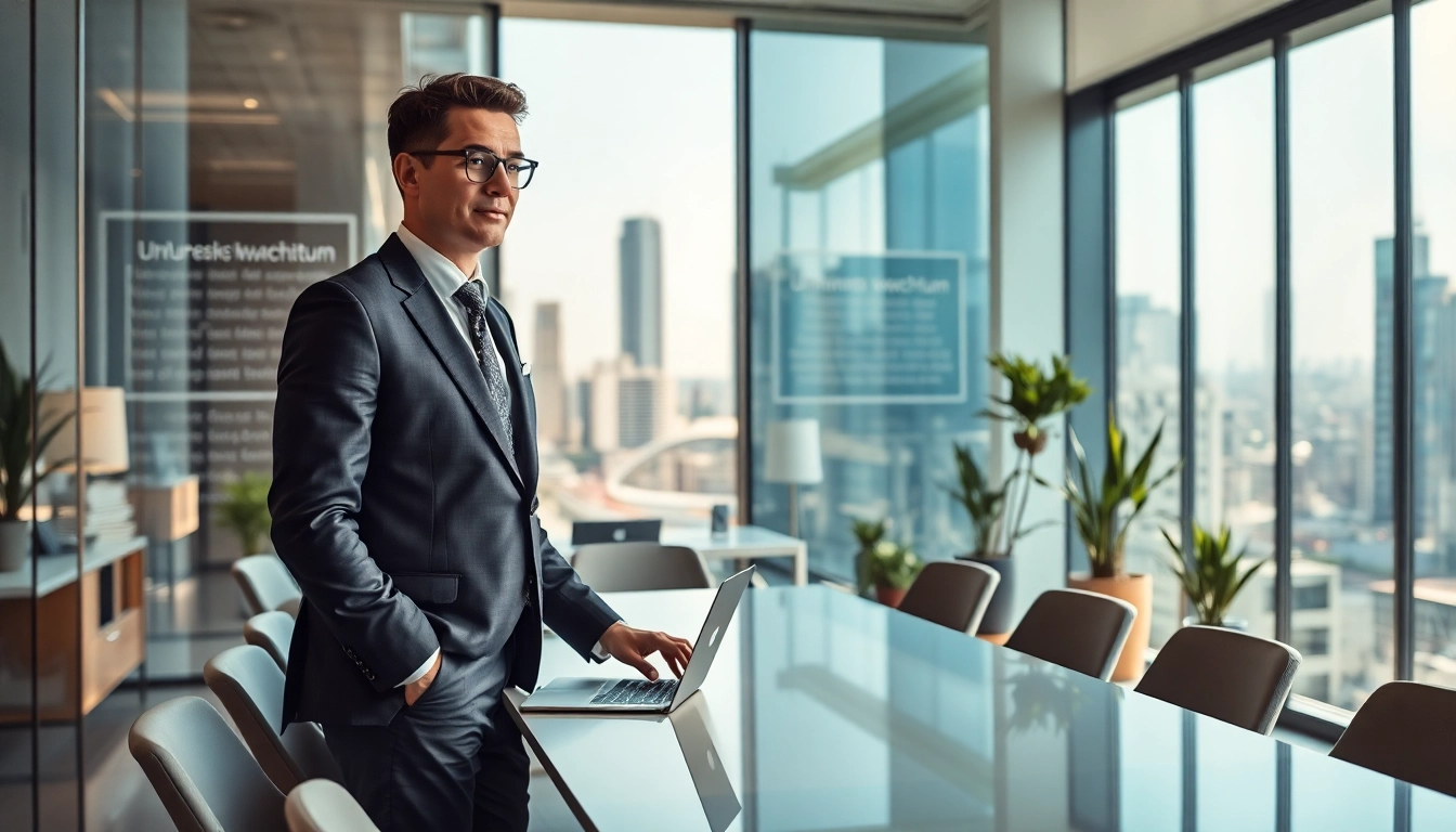 Headhunter CEO präsentiert strategische Führung im modernen Büro mit urbanem Blick.