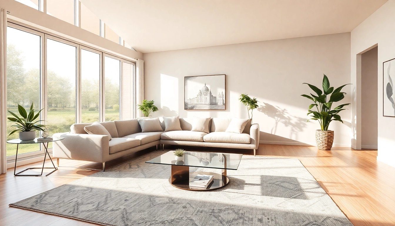 Hervorragende Raumgestaltung für ein modernes Wohnzimmer mit natürlichen Elementen und warmen Farben.