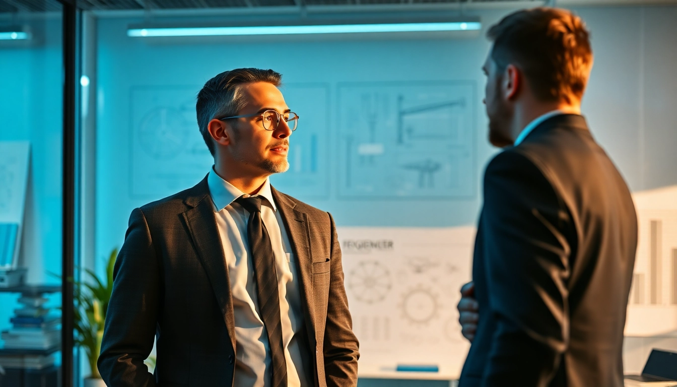 Headhunter Ingenieure im Gespräch mit einem Ingenieur in einem modernen Büro.