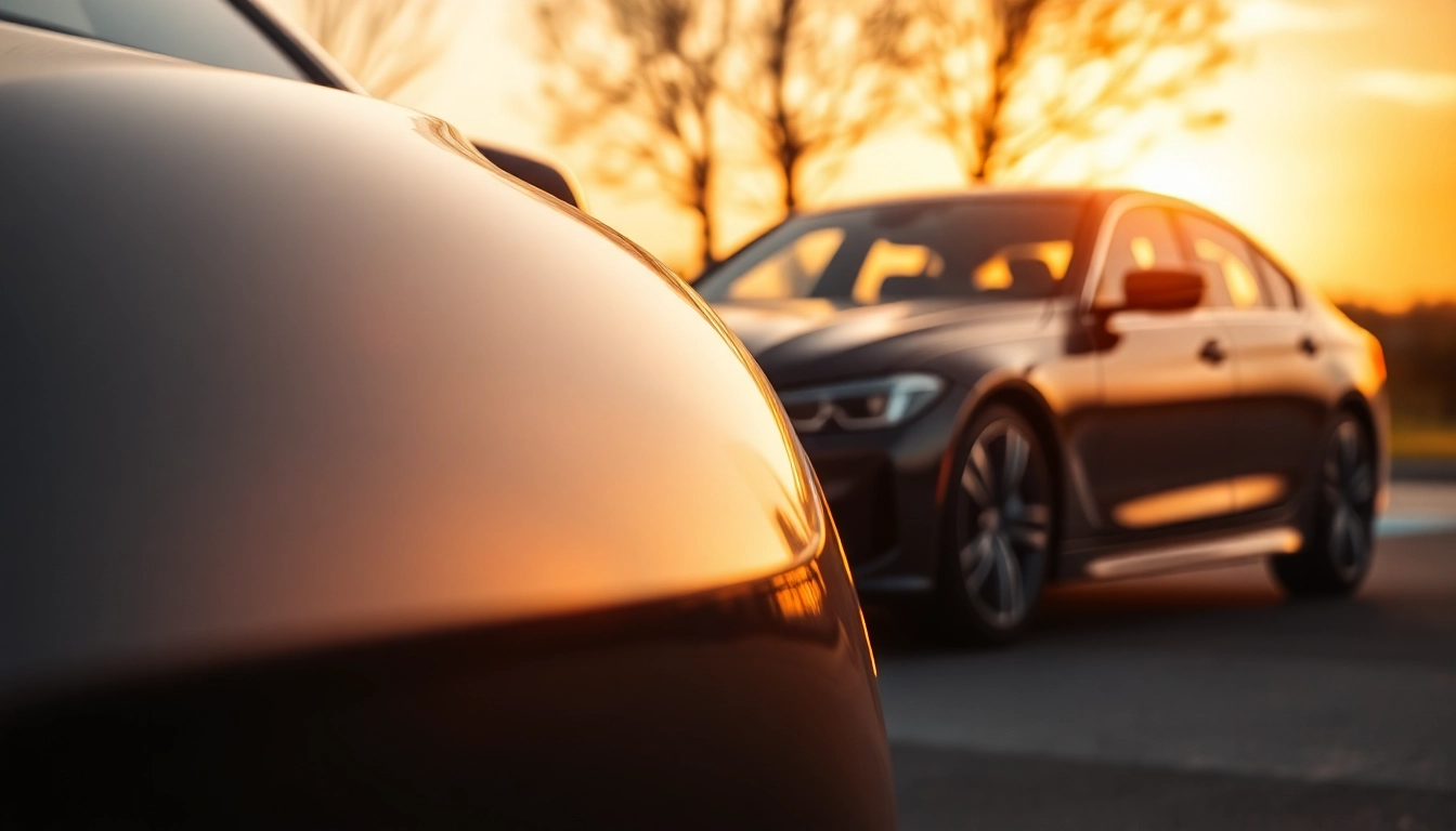 Autopolitur kaufen: Hochwertige Politur-Dose vor elegantem Auto im Sonnenuntergang.