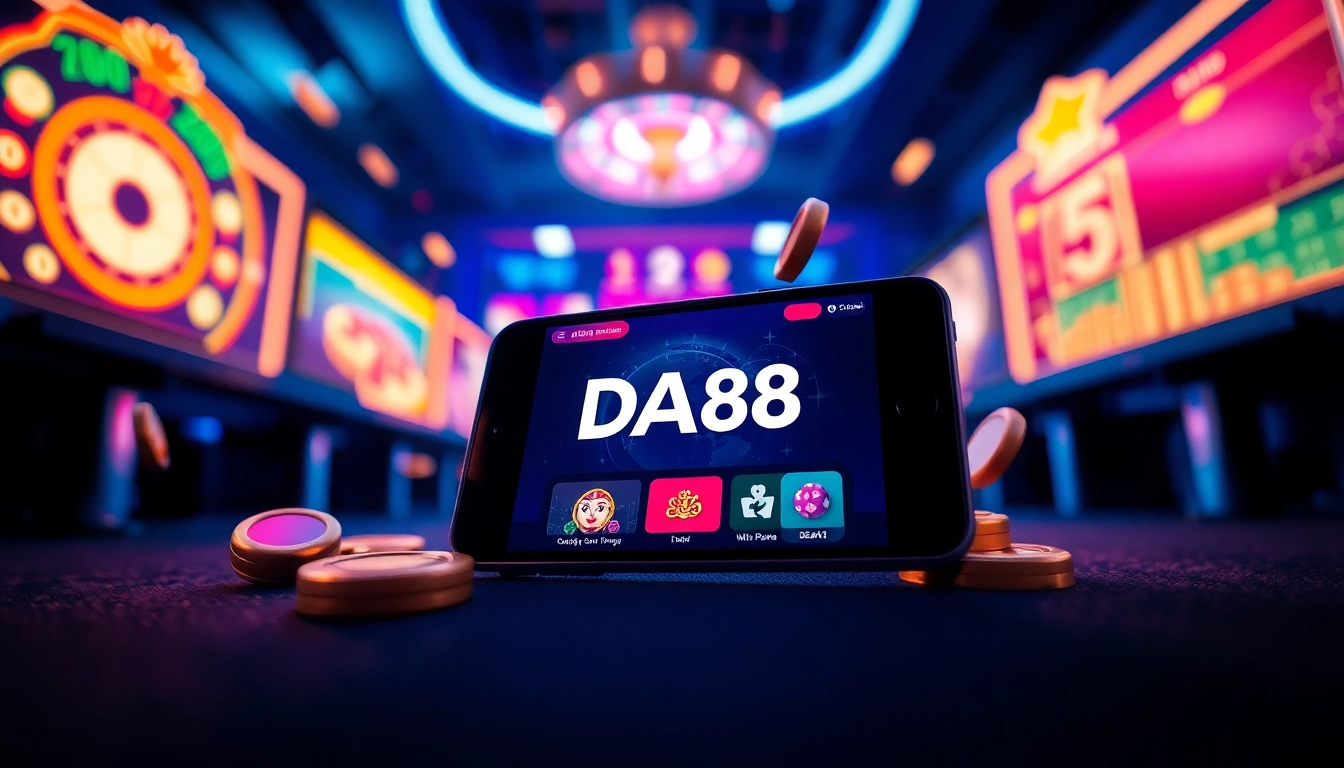 Tải App Da88 on a modern smartphone surrounded by colorful gaming icons.