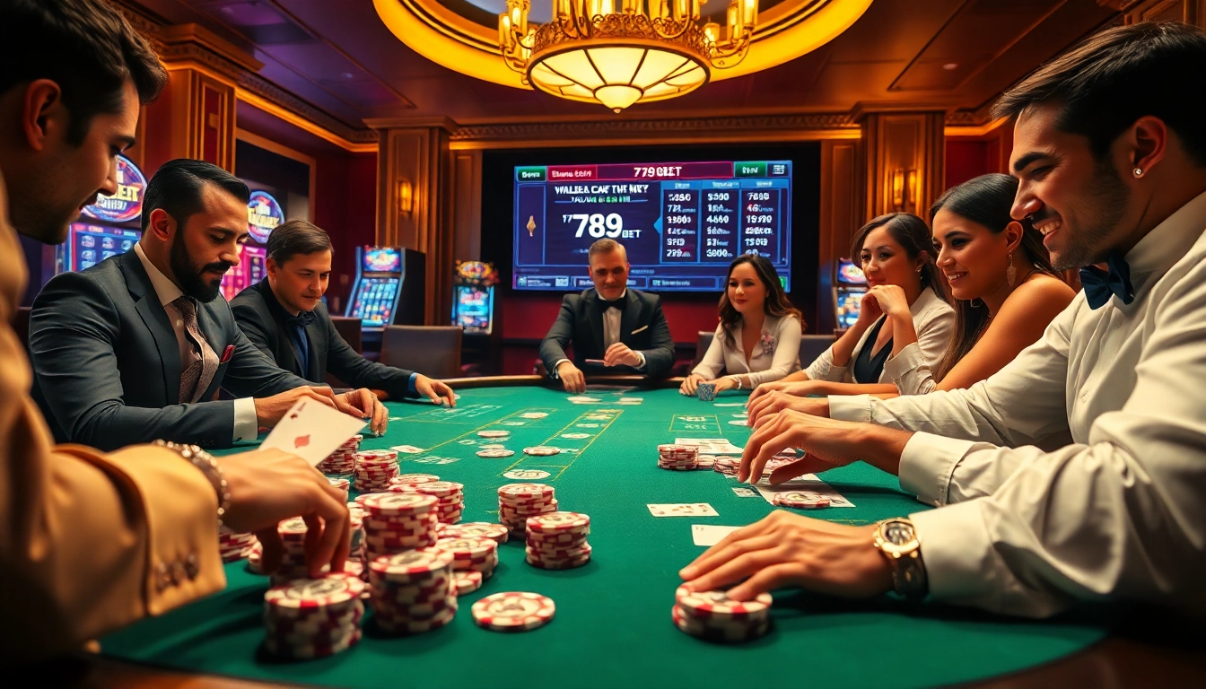 Exciting gambling action at 789 BET poker table with players, chips, and roulette wheel.