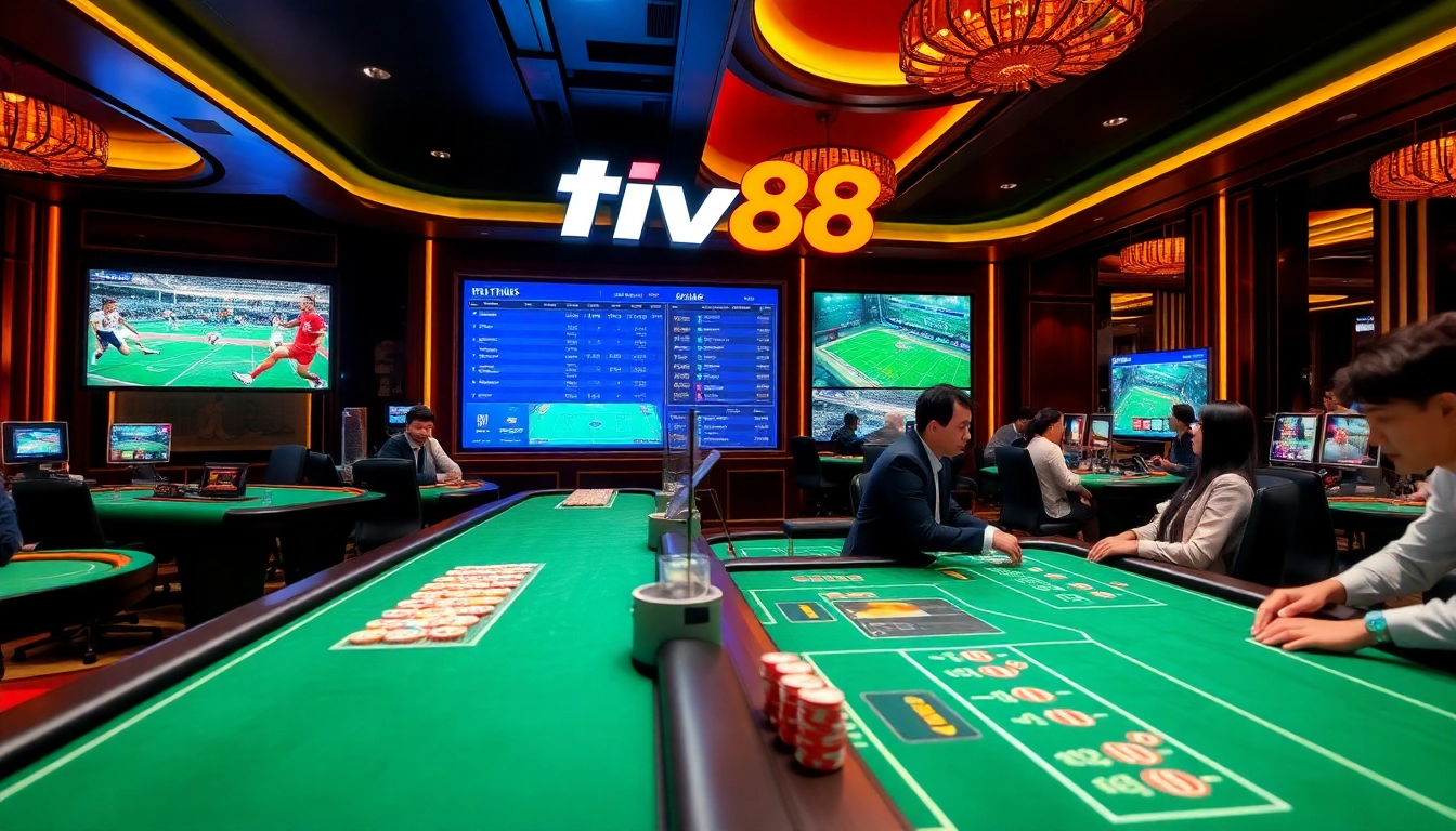 Engaging in Thể thao Five88 betting at an upscale casino with vibrant sports displays.
