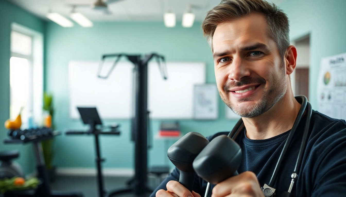 Präsentation von Männern Gesundheit Tipps durch einen Experten in einer modernen Klinik.