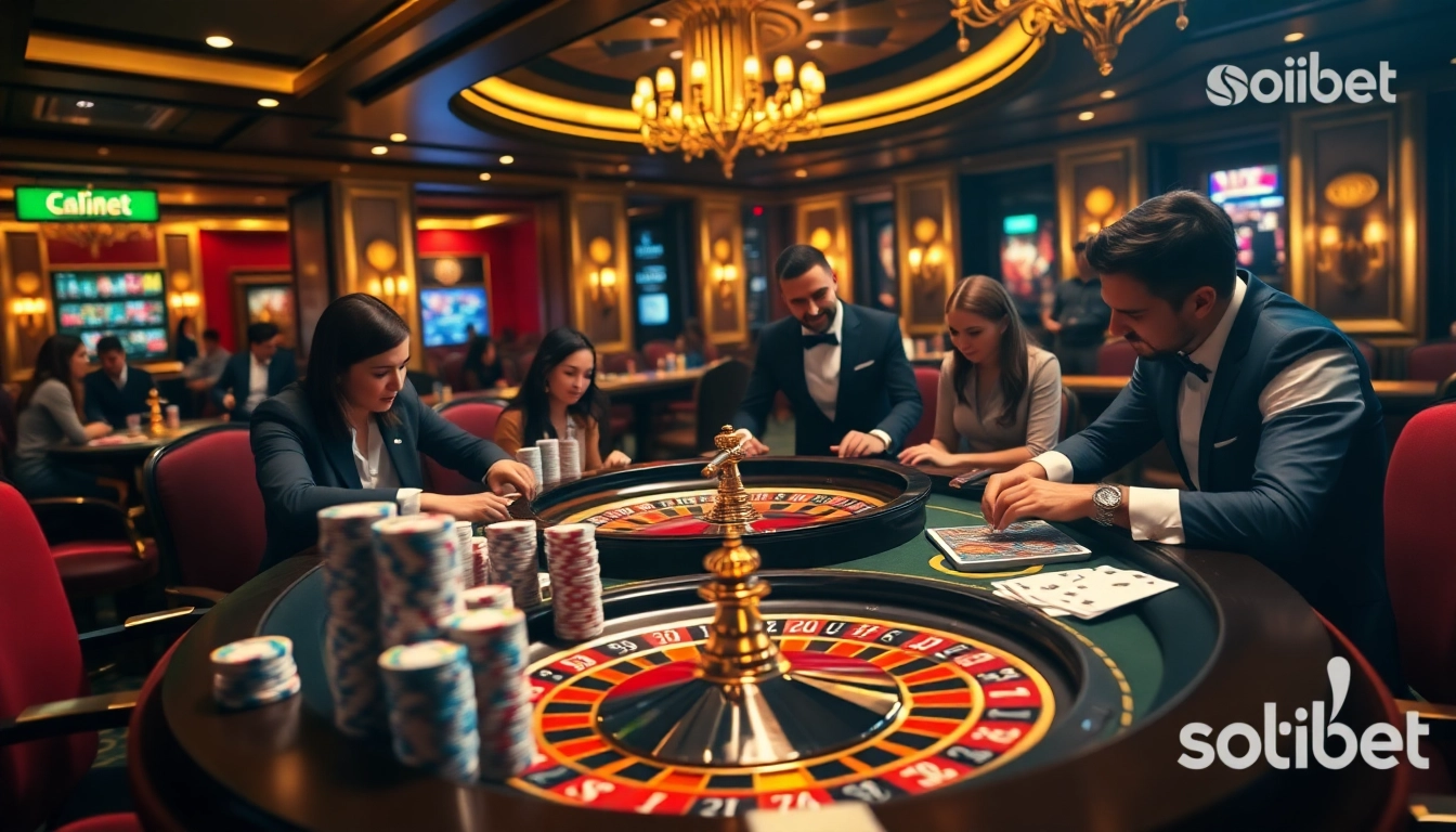 Exciting gambling scene with a roulette wheel and poker chips at เว็บตรง soibet casino.