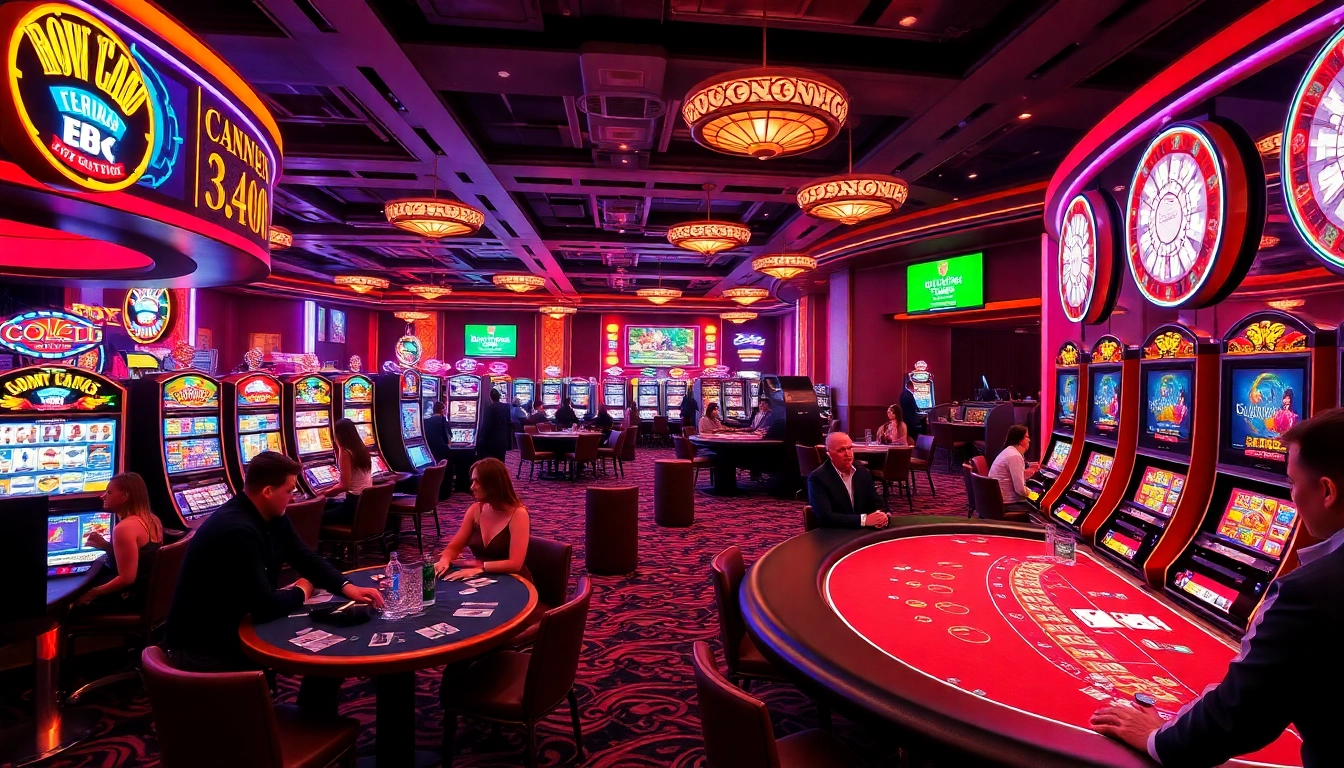 Players enjoying slot machines at SLOT365 casino, showcasing excitement and professional atmosphere.