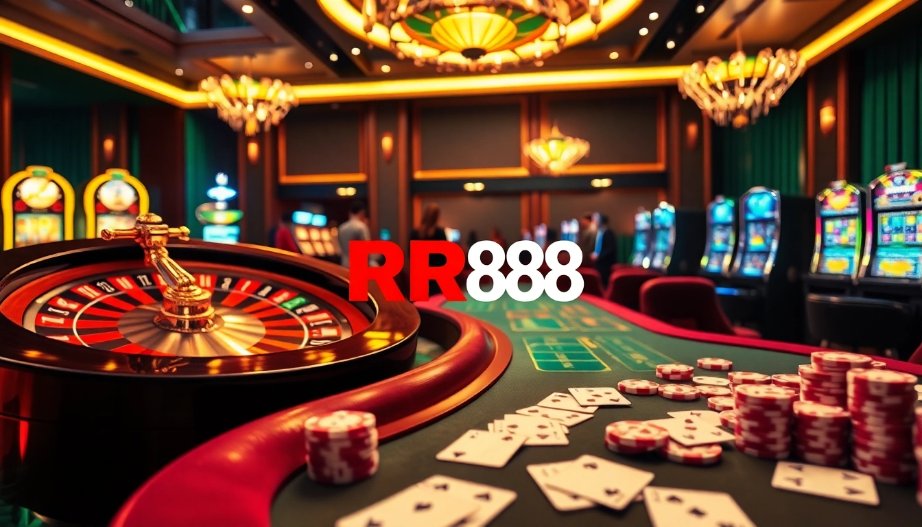 Players engaging in thrilling games at RR88's luxurious casino, featuring roulette and poker.