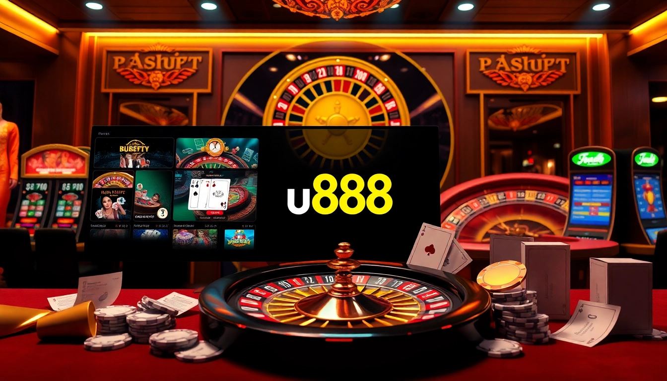 Experience thrilling action at u888's vibrant online casino with poker chips and slot machines.