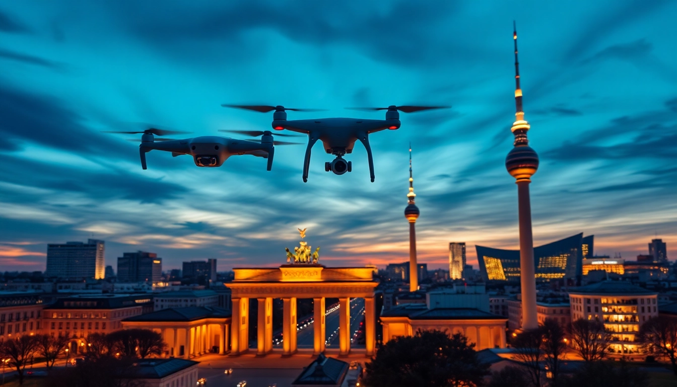 Drohnenfotos Berlin mit Blick auf die Skyline bei Dämmerung, die beleuchtete Wahrzeichen zeigt.