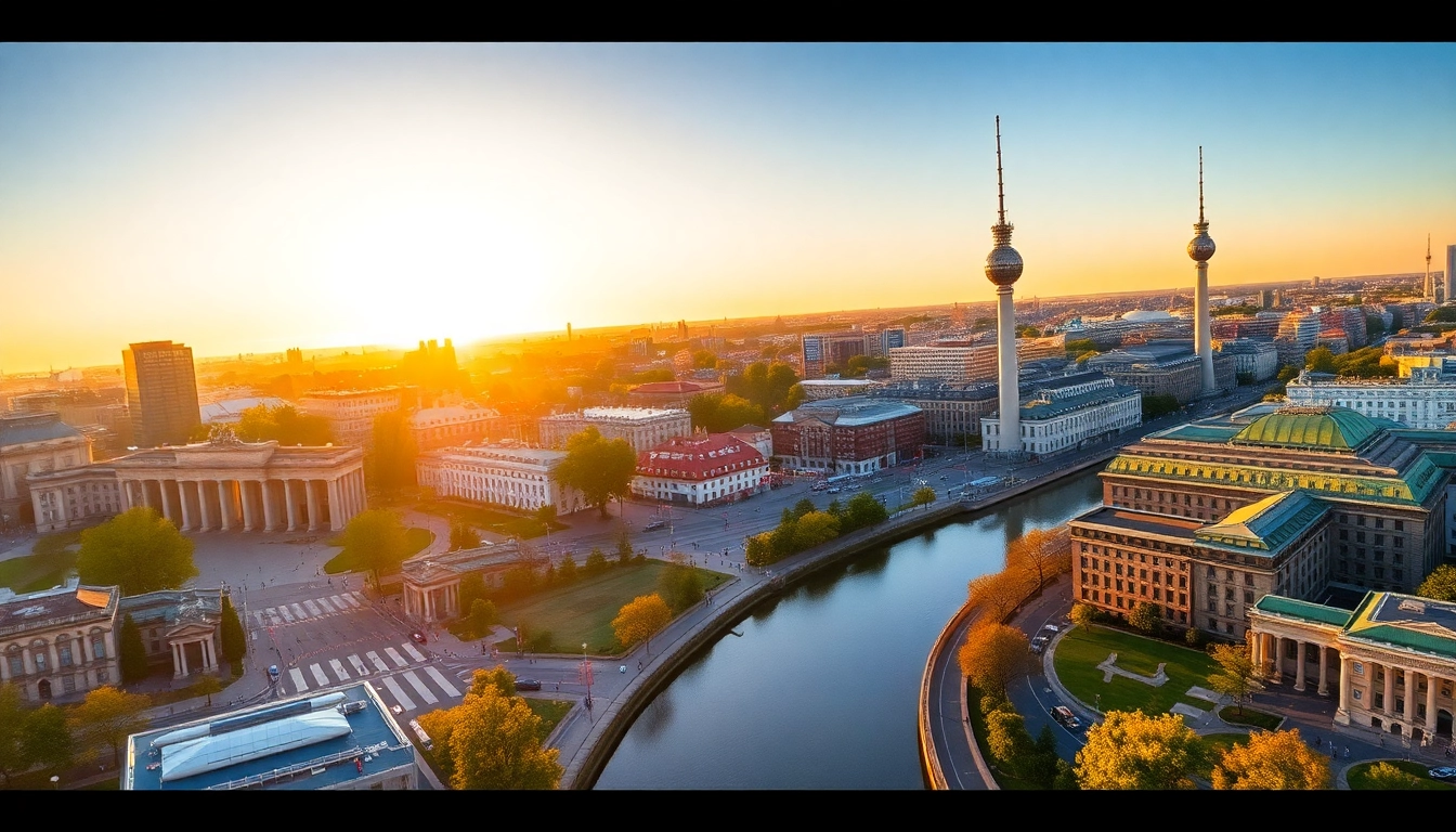 Drohnenfotos Berlin von den beeindruckenden Sehenswürdigkeiten der Stadt im goldenen Licht.