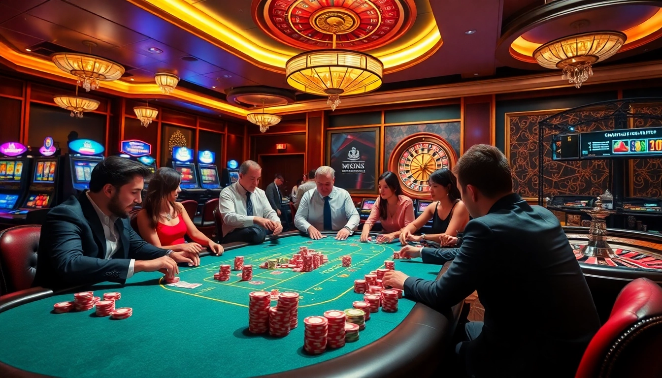 Experience the thrill of mv88 with players at a high-stakes casino table surrounded by excitement.