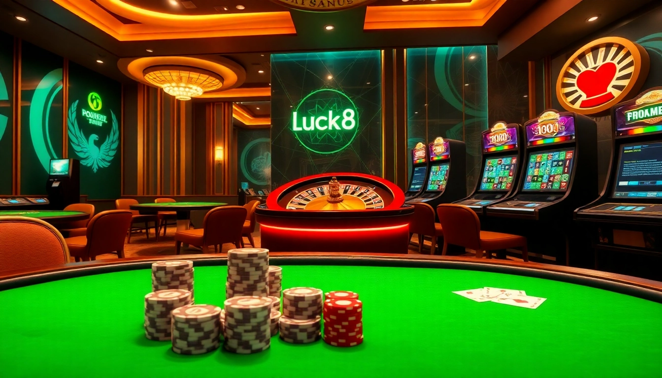 Players engaging with Nhà cái Luck8 in a luxurious online casino setting featuring poker chips and slots.