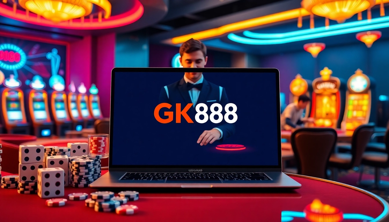Engage with a thrilling interactive scene from Link vào GK88 casino, featuring online betting and vibrant gaming elements.