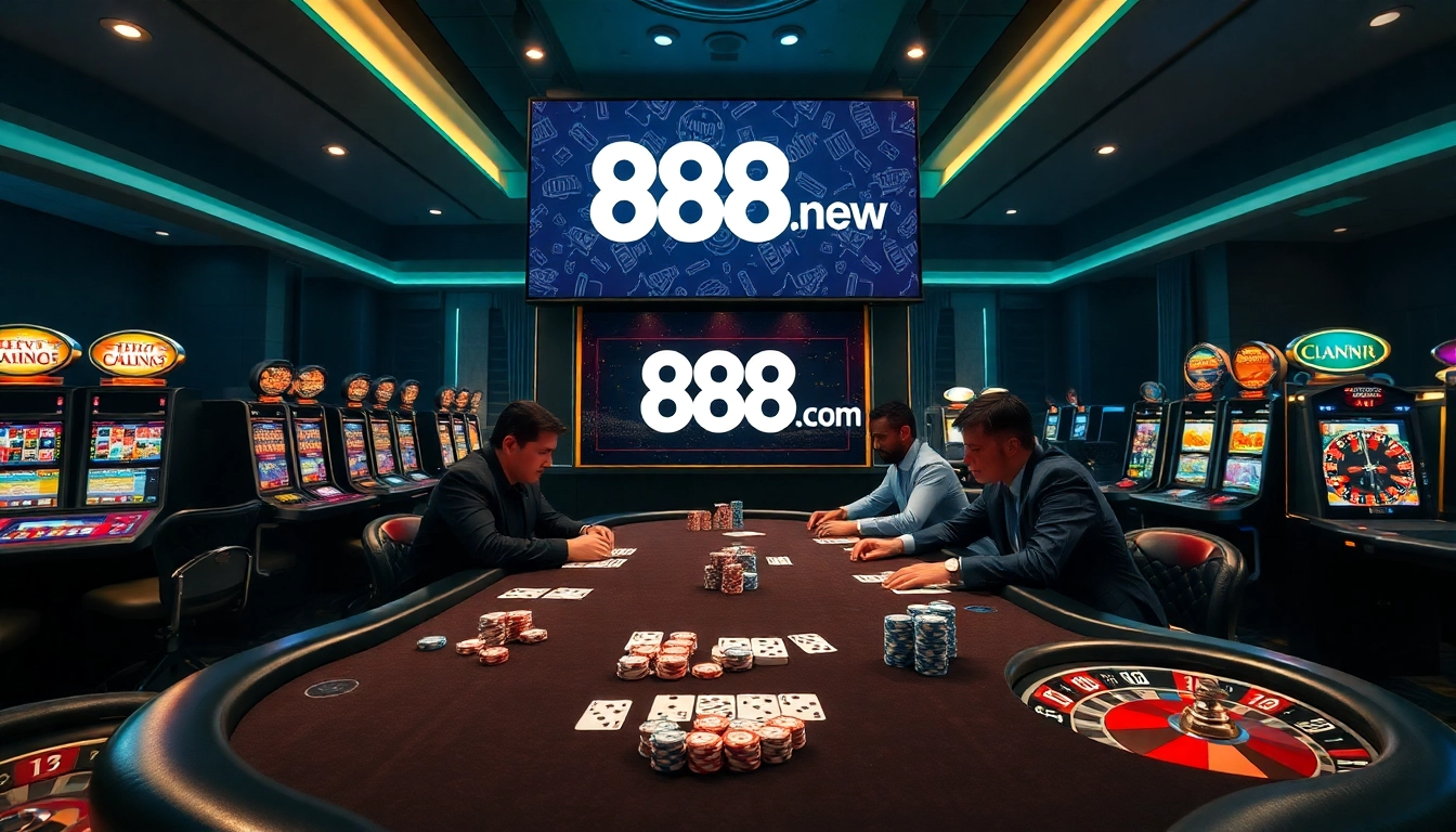 Excited players enjoying a poker game at 888new.com casino, filled with vibrant atmosphere and luxury.
