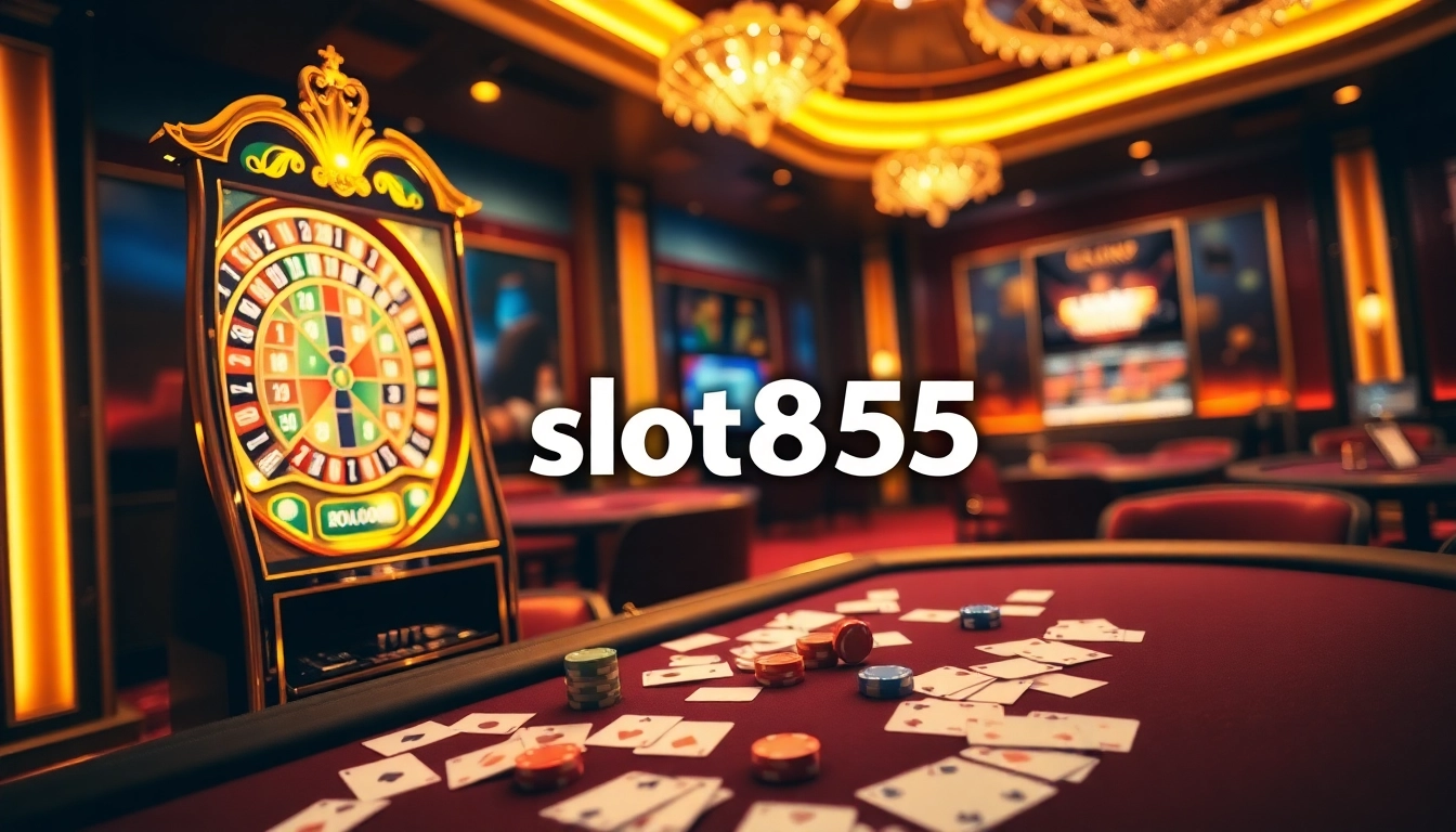 Experience thrilling gaming action at slot365 with vibrant slot machines and poker tables.