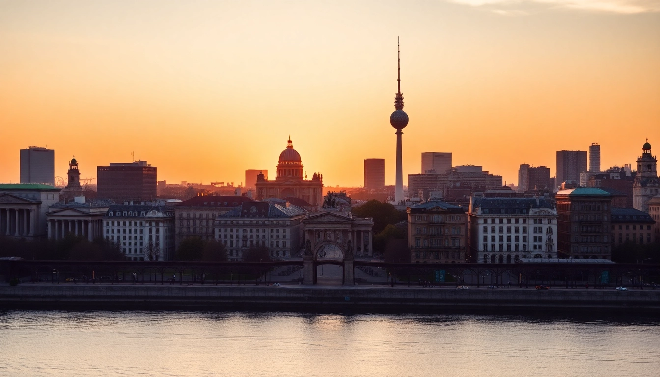 Drohnenfotos Berlin zeigen die atemberaubende Skyline und markante Gebäude bei Sonnenuntergang.