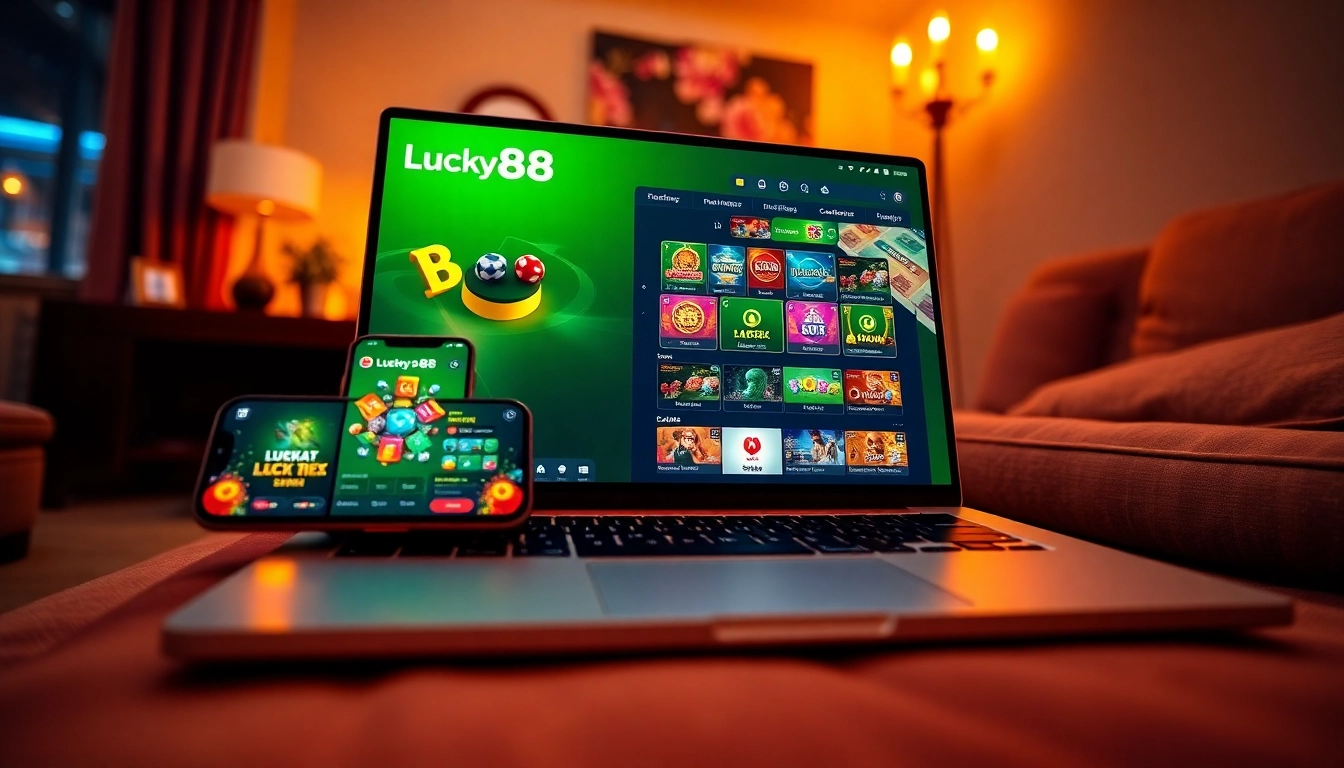 Lucky88 đăng nhập interface, vibrant online gaming, vibrant colors, modern design, home gaming environment.