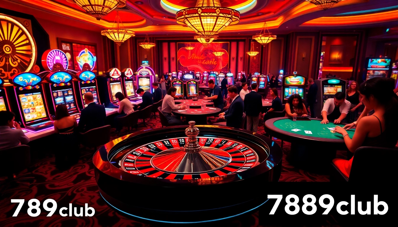 Exciting casino atmosphere featuring roulette wheel and slot machines at 789club.