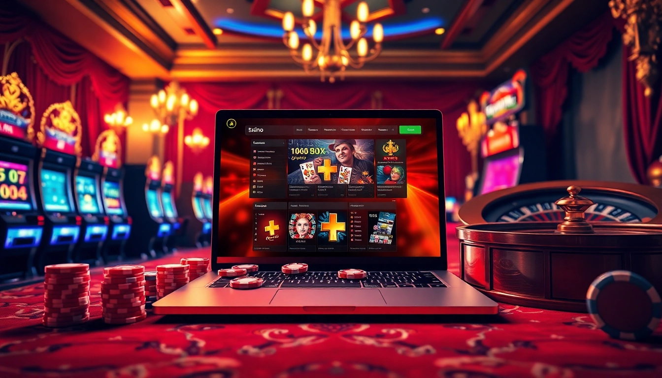 Interacționează cu Casino online Germania prin imagini vibrante ale jocurilor online cu jetoane de poker, mașini de slot și o roată de ruletă.