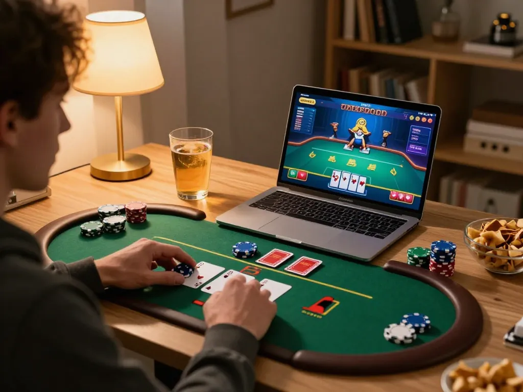 Player enjoying TT88 poker game on a tablet in a cozy home setup, reflecting responsible gaming.