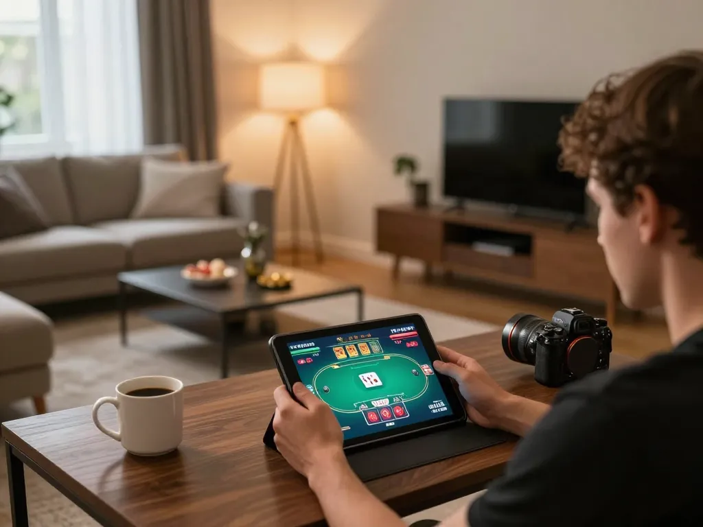 Engaging in online poker on the trang chủ F168 in a beautifully decorated home gaming room.