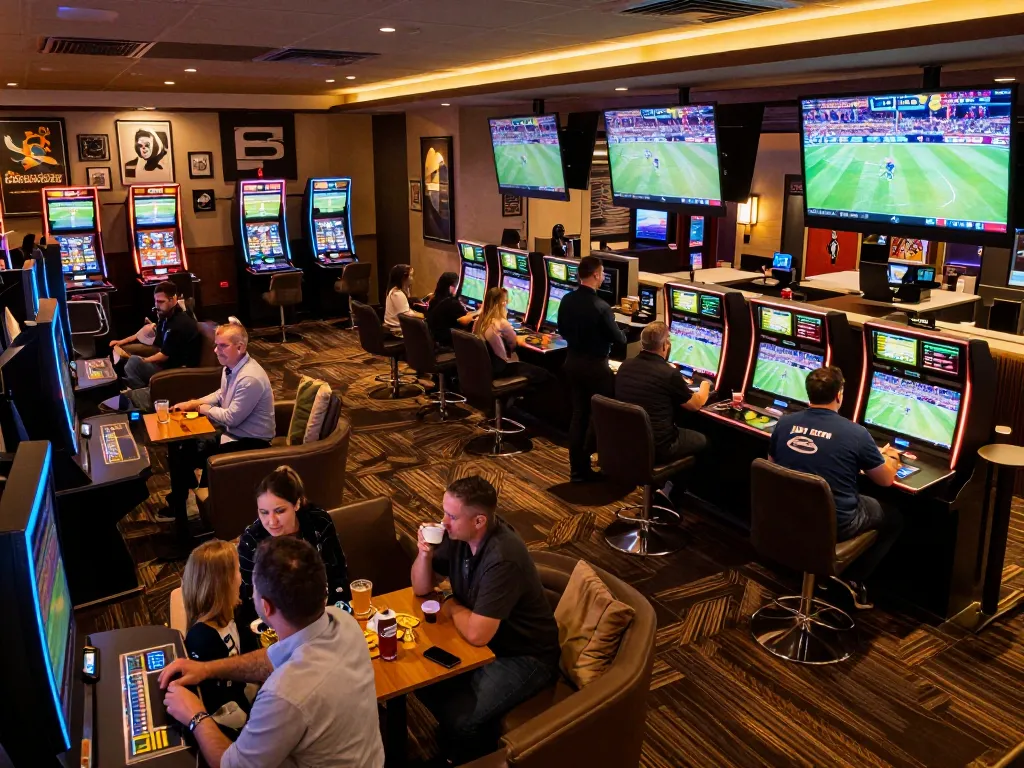 Engaged bettors at a sports betting lounge, showcasing f168 news atmosphere and dynamic interactions.