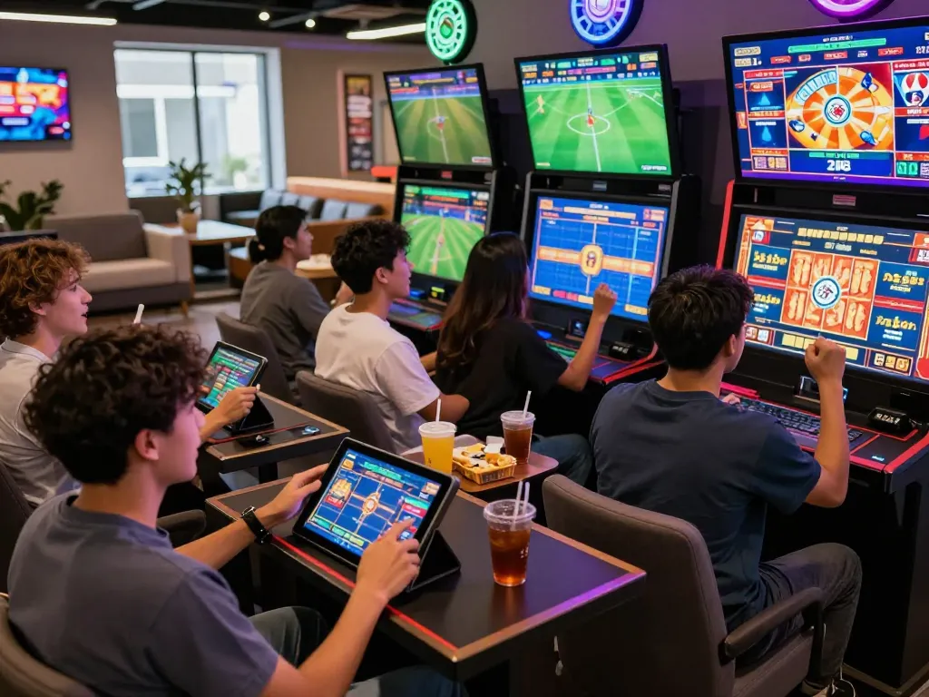 Exciting gaming atmosphere at Nhà cái MAY88 with players betting online in a modern casino.