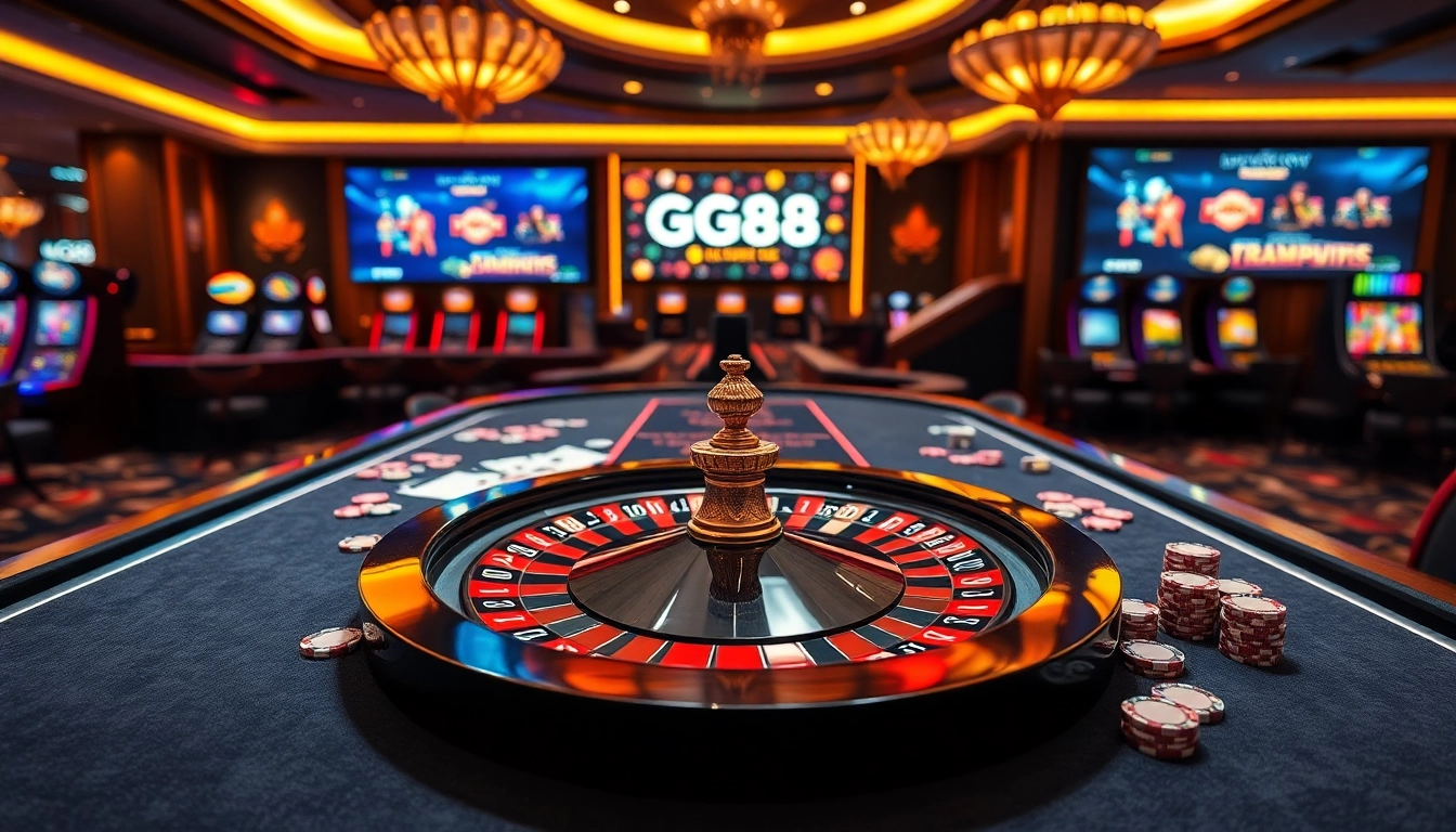 Experience the thrill of GG88 at a luxurious casino table with poker chips and roulette wheels.