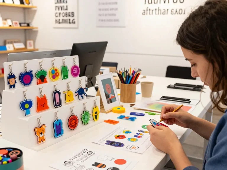 Personalized acryl schlüsselanhänger displayed creatively in a vibrant retail scene.