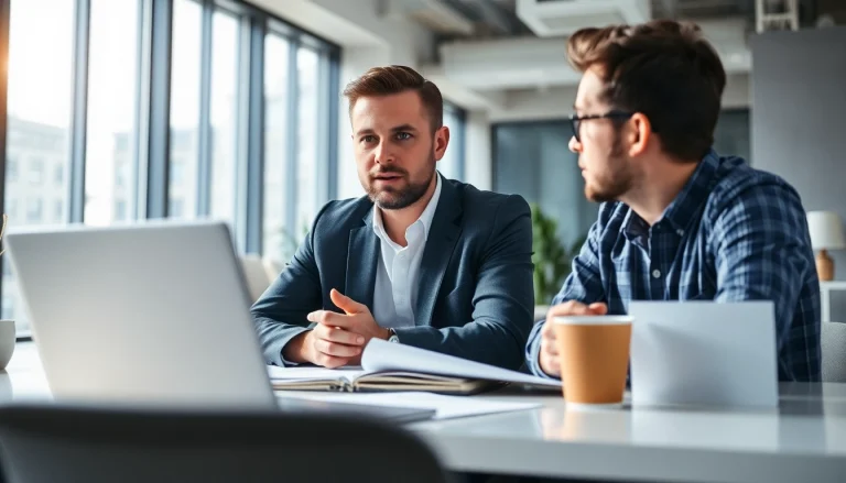 Headhunter Ingenieure engaged in a professional conversation in a modern office setting.