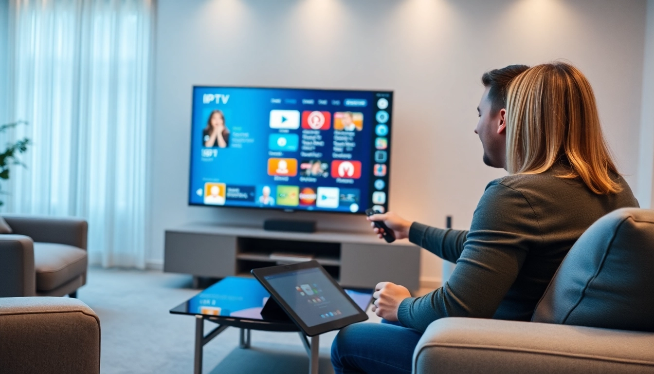 IPTV Anbieter online kaufen - Benutzer navigiert durch IPTV-Dienste auf modernem Smart-TV.