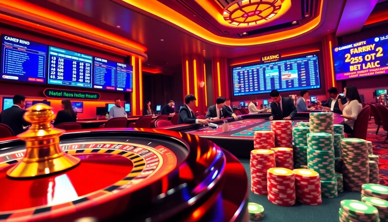Experience thrilling cá cược thể thao DR88 with an exciting modern casino scene, featuring digital betting booths and poker chips.