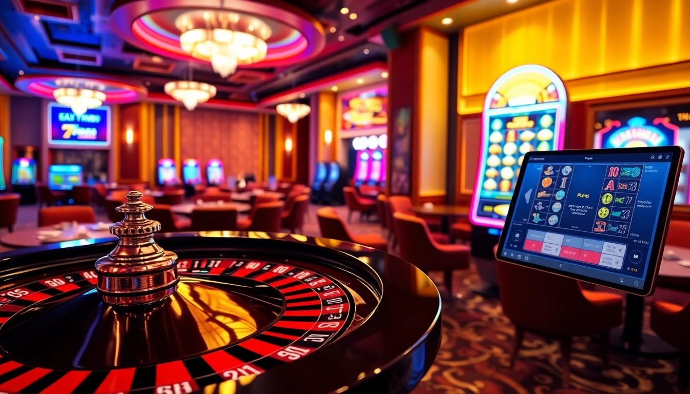 Experience thrilling wins at 789club with a vibrant casino setting featuring roulette and slots.