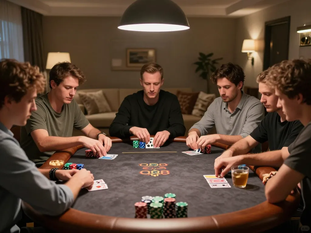 Players engaged in a thrilling high-stakes poker game at home, showcasing QQ88 casino experience.