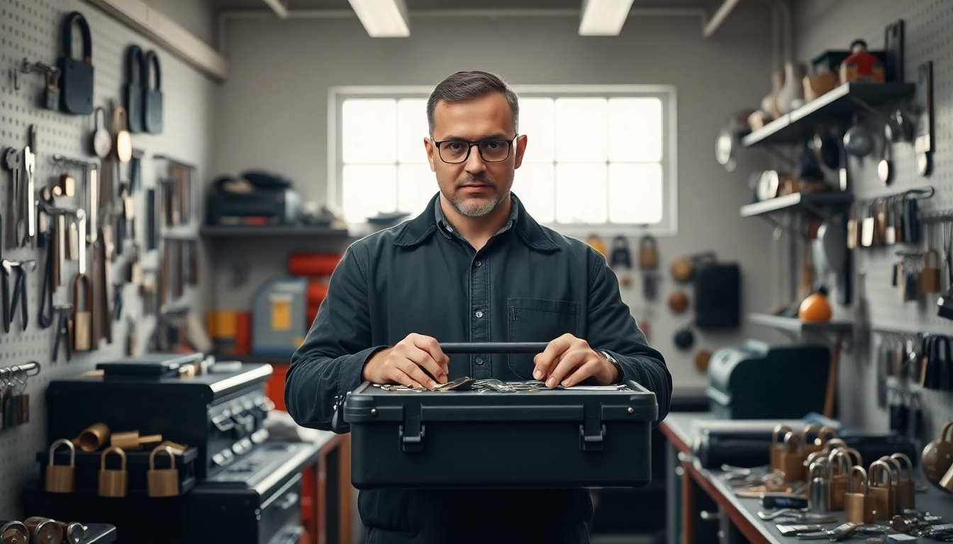 Schlüsseldienst Berlin 24h: Professioneller Schlosser in moderner Werkstatt, umgeben von Werkzeugen.