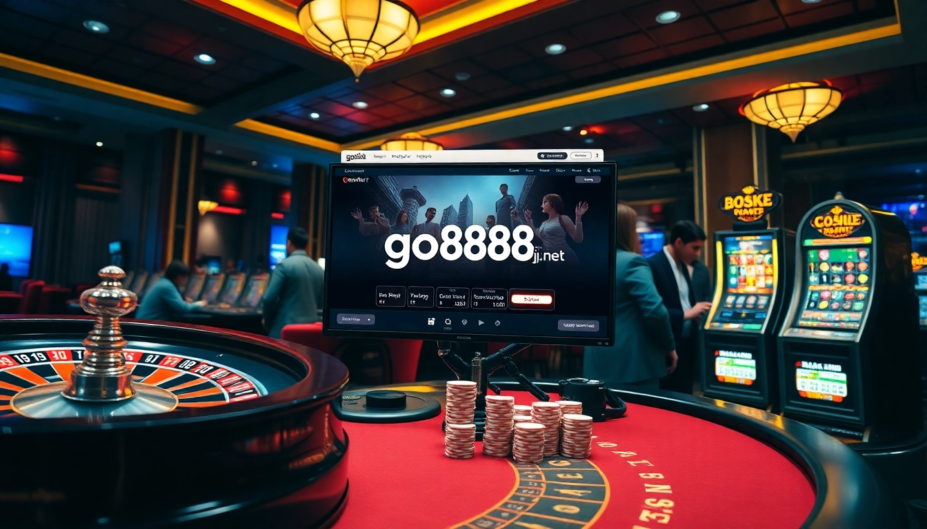 Experience the thrill of go888.jp.net with vibrant casino gaming visuals featuring roulette and slot machines.