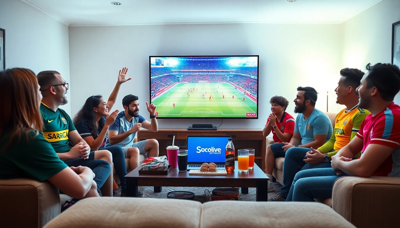Excited fans watching a live football match on Socolive.network in a cozy living room setting.