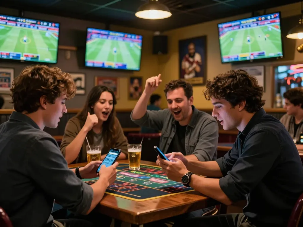 Engaging in sports betting with ONE88 LINK on smartphone in vibrant sports bar setting.