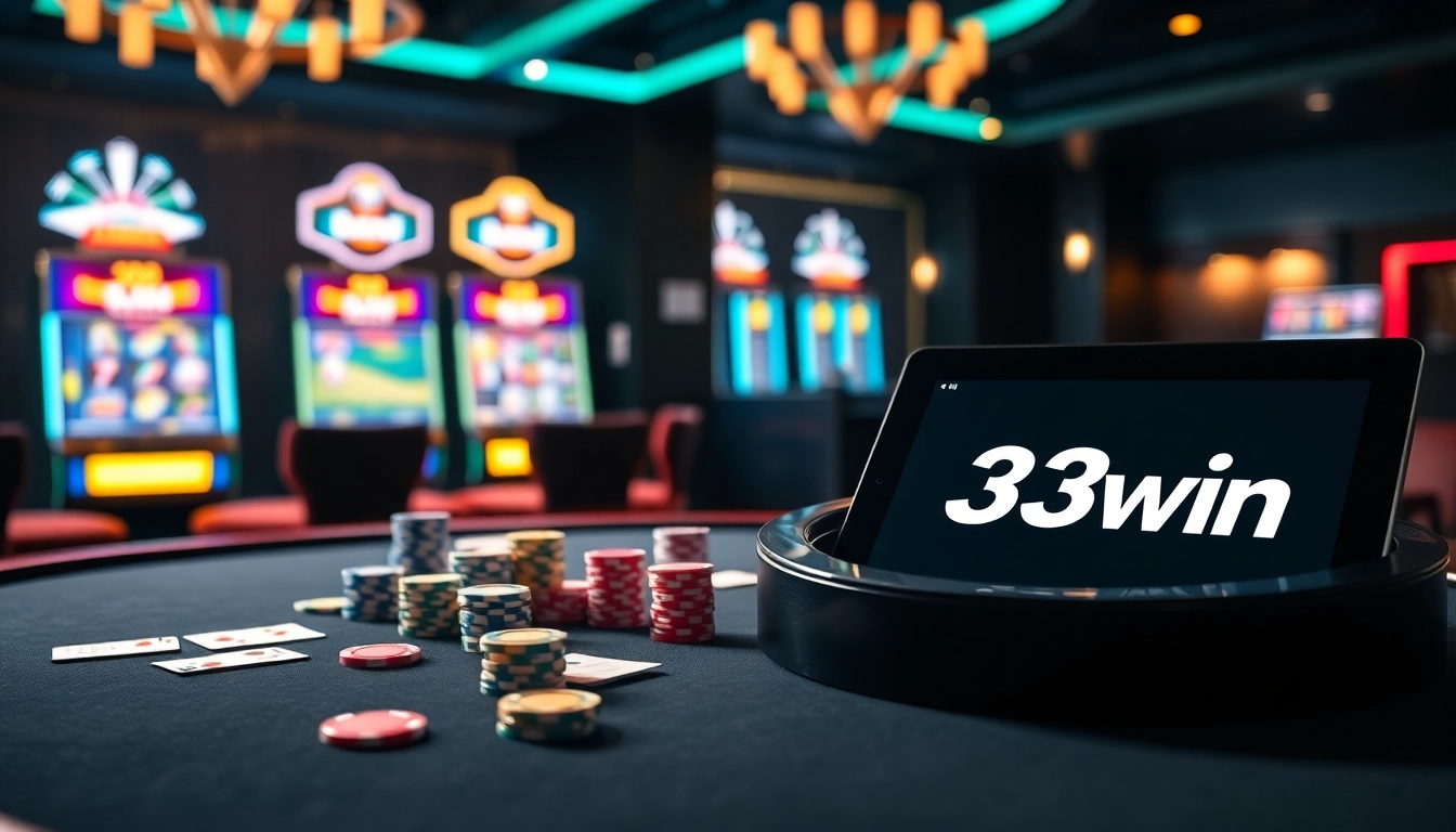 Experience the thrill of gaming with 33win's vibrant casino atmosphere featuring poker and roulette.